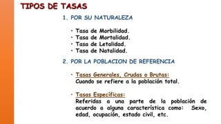 TIPOS DE TASAS
1. POR SU NATURALEZA
•
•
•
•

Tasa
Tasa
Tasa
Tasa

de
de
de
de

Morbilidad.
Mortalidad.
Letalidad.
Natalidad.

2. POR LA POBLACION DE REFERENCIA
• Tasas Generales, Crudas o Brutas:
Cuando se refiere a la población total.
• Tasas Específicas:
Referidas a una parte de la población de
acuerdo a alguna característica como: Sexo,
edad, ocupación, estado civil, etc.

 
