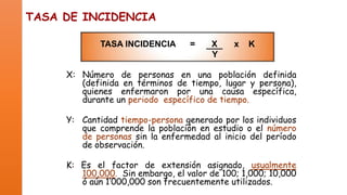 TASA DE INCIDENCIA
TASA INCIDENCIA

=

X
Y

x

K

X: Número de personas en una población definida
(definida en términos de tiempo, lugar y persona),
quienes enfermaron por una causa específica,
durante un periodo específico de tiempo.
Y: Cantidad tiempo-persona generado por los individuos
que comprende la población en estudio o el número
de personas sin la enfermedad al inicio del período
de observación.
K: Es el factor de extensión asignado, usualmente
100,000. Sin embargo, el valor de 100; 1,000; 10,000
ó aún 1’000,000 son frecuentemente utilizados.

 
