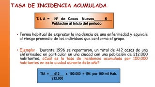 TASA DE INCIDENCIA ACUMULADA
T. I. A =

Nº de Casos Nuevos
K
Población al inicio del periodo

• Forma habitual de expresar la incidencia de una enfermedad y equivale
al riesgo promedio de los individuos que conforma el grupo.

• Ejemplo: Durante 1996 se reportaron, un total de 412 casos de una
enfermedad en particular en una ciudad con una población de 212.000
habitantes. ¿Cuál es la tasa de incidencia acumulada por 100,000
habitantes en esta ciudad durante éste año?
TIA =

412
x 100.000 = 194 por 100 mil Hab.
212.000

 