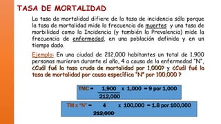 TASA DE MORTALIDAD
La tasa de mortalidad difiere de la tasa de incidencia sólo porque
la tasa de mortalidad mide la frecuencia de muertes y una tasa de
morbilidad como la Incidencia (y también la Prevalencia) mide la
frecuencia de enfermedad, en una población definida y en un
tiempo dado.

Ejemplo: En una ciudad de 212,000 habitantes un total de 1,900
personas murieron durante el año, 4 a causa de la enfermedad “N“,
¿Cuál fué la tasa cruda de mortalidad por 1,000? y ¿Cuál fué la
tasa de mortalidad por causa específica “N” por 100,000 ?
TMC =
TM x “N” =

1,900 x 1,000 = 9 por 1,000
212,000

4
x 100,000 = 1.8 por 100,000
212,000

 
