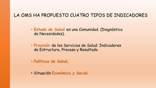 LA OMS HA PROPUESTO CUATRO TIPOS DE INDICADORES
• Estado de Salud en una Comunidad. (Diagnóstico
de Necesidades).
• Provisión de los Servicios de Salud: Indicadores
de Estructura, Proceso y Resultado.
• Políticas de Salud.

• Situación Económica y Social.

 