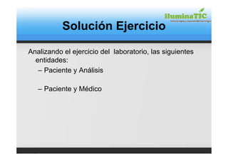 Solución Ejercicio

Analizando el ejercicio del laboratorio, las siguientes
  entidades:
   – Paciente y Análisis

   – Paciente y Médico
 