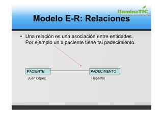 Modelo E-R: Relaciones
• Una relación es una asociación entre entidades.
  Por ejemplo un x paciente tiene tal padecimiento.




   PACIENTE                    PADECIMENTO
   Juan López                  Hepatitis
 