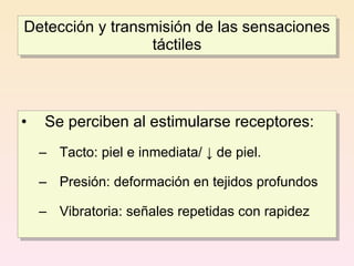 Detección y transmisión de las sensaciones
                  táctiles



•   Se perciben al estimularse receptores:
    – Tacto: piel e inmediata/ ↓ de piel.

    – Presión: deformación en tejidos profundos

    – Vibratoria: señales repetidas con rapidez
 