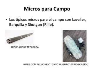 Micros para Campo Los típicos micros para el campo son Lavalier, Barquilla y Shotgun (Rifle).  RIFLE AUDIO TECHNICA RIFLE CON PELUCHE O “GATO MUERTO” (WINDSCREEN) 