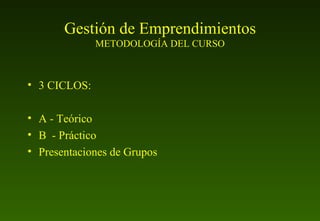 Gestión de Emprendimientos METODOLOGÍA DEL CURSO ,[object Object],[object Object],[object Object],[object Object]