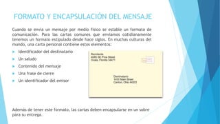 FORMATO Y ENCAPSULACIÓN DEL MENSAJE
Cuando se envía un mensaje por medio físico se estable un formato de
comunicación. Para las cartas comunes que enviamos cotidianamente
tenemos un formato estipulado desde hace siglos. En muchas culturas del
mundo, una carta personal contiene estos elementos:
 Identificador del destinatario
 Un saludo
 Contenido del mensaje
 Una frase de cierre
 Un identificador del emisor
Además de tener este formato, las cartas deben encapsularse en un sobre
para su entrega.
 