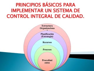 PRINCIPIOS BÁSICOS PARA
IMPLEMENTAR UN SISTEMA DE
CONTROL INTEGRAL DE CALIDAD.
Estructura
Organizaciona
l
Planificación
(Estrategia)
Recursos
Procesos
Procedimi
entos
 