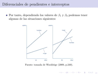 41
Diferenciales de pendientes e interceptos
Por tanto, dependiendo los valores de β1 y β3 podemos tener
algunas de las situaciones siguientes:
Fuente: tomada de Wooldrige (2009, p.240).
 