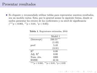 45
Presentar resultados
Es elegante y recomendado utilizar tablas para representar nuestros resultados,
sea un modelo varios. Esta, por lo general asume la siguiente forma, donde se
suelen presentar los errores de los coeﬁcientes y su nivel de signiﬁcancia
(∗∗∗
p < 0.001, ∗∗
p < 0.01, ∗
p < 0.05):
Tabla 1. Regresiones estimadas, 2010
Model 1
(Intercept) 246.55∗∗∗
(1.49)
pool 5.43
(3.31)
R2
0.00
Adj. R2
0.00
Num. obs. 1000
RMSE 42.16
∗∗∗p < 0.001, ∗∗p < 0.01, ∗p < 0.05
 