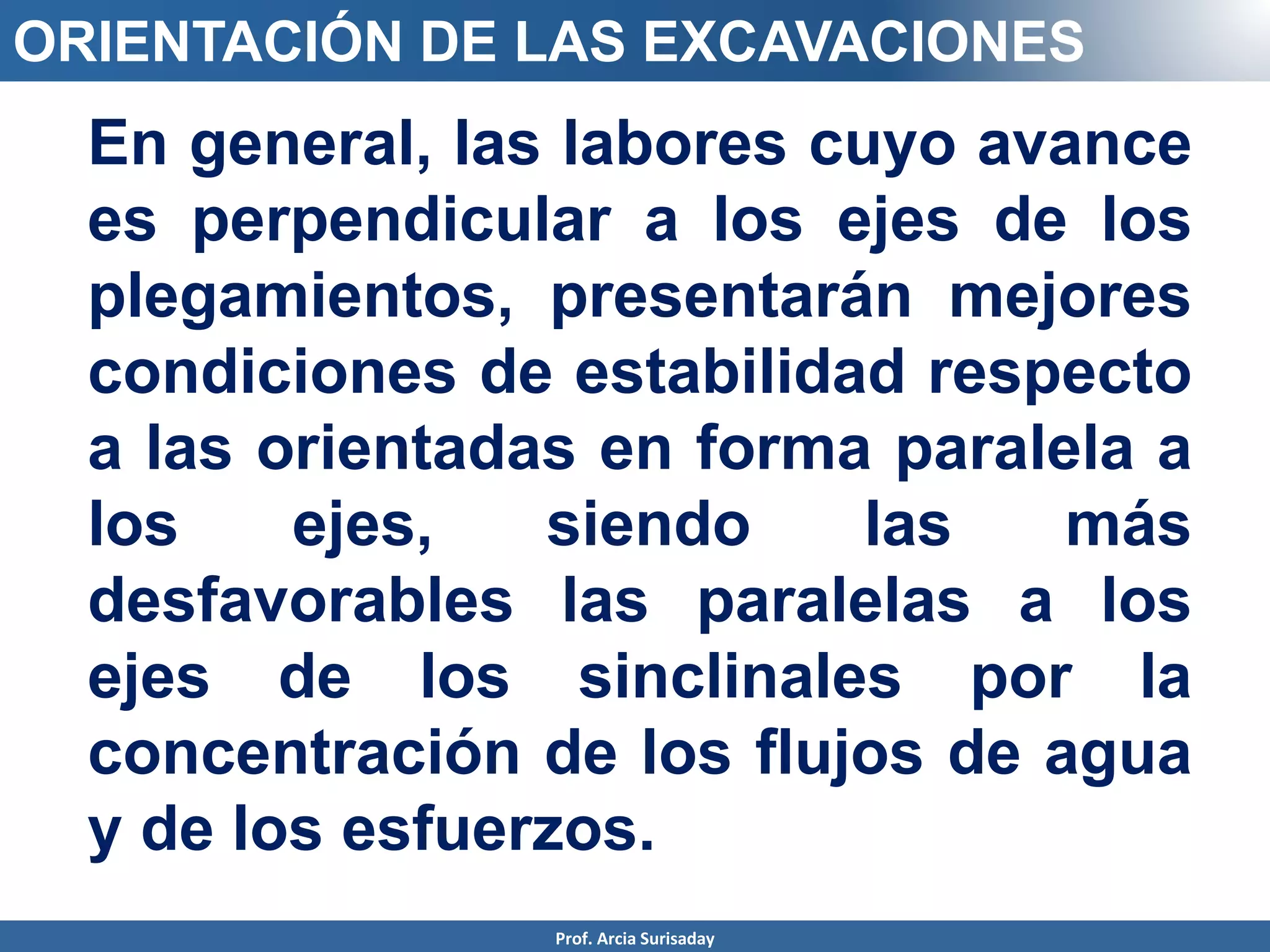 En general, las labores cuyo avance
es perpendicular a los ejes de los
plegamientos, presentarán mejores
condiciones de estabilidad respecto
a las orientadas en forma paralela a
los ejes, siendo las más
desfavorables las paralelas a los
ejes de los sinclinales por la
concentración de los flujos de agua
y de los esfuerzos.
ORIENTACIÓN DE LAS EXCAVACIONES
Prof. Arcia Surisaday
 