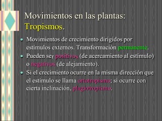 Movimientos en las plantas:
Tropismo .
 Movimientos de crecimiento dirigidos por
estímulos externos. Transformación permanent .
 Pueden se positivo (de acercamiento al estímulo)
o negativo (de alejamiento).
 Si el crecimiento ocurre en la misma dirección que
el estímulo se llam ortotropism ; si ocurre con
cierta inclinación plagiotropism .
 