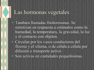Las hormonas vegetales
• Tambien llamadas fitohormonas. Se
sintetizan en respuesta a estímulos como la
humedad, la temperatura, la gravedad, la luz
y el contacto con objetos.
• Circulan por los vasos conductores del
floema y el xilema, o de célula a célula por
difusión o transporte activo.
• Son activas en cantidades pequeñísimas.
 