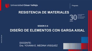Pregrado
RESISTENCIA DE MATERIALES
DISEÑO DE ELEMENTOS CON GARGA AXIAL
SESION 5-6
DOCENTE:
Dra. YOVANA E. MEDINA VÁSQUEZ
 