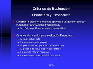 Criterios de Evaluación
Financiera y Económica
 Objetivo: Selección proyectos optimizen utilización recursos
para lograr objetivos del inversionista.
 Inv. Privados: Generalmente la rentabilidad.
 Criterios Mas usados para evaluación Financiera:
 El valor actual neto
 La tasa interna de retorno
 El periodo de recuperación de la inversión
 El periodo de recuperación descontado
 La tasa de retorno contable
 La relación entre el beneficio y el costo
(UEB)
 