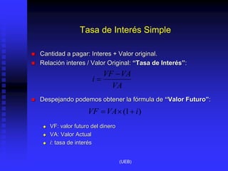 Tasa de Interés Simple
 Cantidad a pagar: Interes + Valor original.
 Relación interes / Valor Original: “Tasa de Interés”:
 Despejando podemos obtener la fórmula de “Valor Futuro”:
 VF: valor futuro del dinero
 VA: Valor Actual
 i: tasa de interés
VA
VA
VF
i


)
1
( i
VA
VF 


(UEB)
 