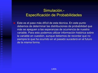 Simulación.-
Especificación de Probabilidades
 Este es el paso más difícil de esta técnica. En este punto
debemos de determinar las distribuciones de probabilidad que
más se apeguen a las esperanzas de ocurrencia de nuestra
variable. Para esto podemos utilizar información histórica sobre
la variable en cuestión, aunque debemos de recordar que no
siempre lo que ha ocurrido en el pasado sucederá en el futuro
de la misma forma.
(UEB)
 