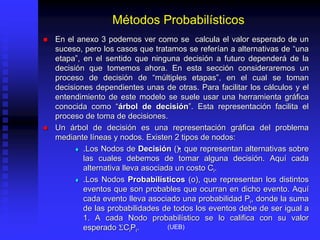 Métodos Probabilísticos
 En el anexo 3 podemos ver como se calcula el valor esperado de un
suceso, pero los casos que tratamos se referían a alternativas de “una
etapa”, en el sentido que ninguna decisión a futuro dependerá de la
decisión que tomemos ahora. En esta sección consideraremos un
proceso de decisión de “múltiples etapas”, en el cual se toman
decisiones dependientes unas de otras. Para facilitar los cálculos y el
entendimiento de este modelo se suele usar una herramienta gráfica
conocida como “árbol de decisión”. Esta representación facilita el
proceso de toma de decisiones.
 Un árbol de decisión es una representación gráfica del problema
mediante líneas y nodos. Existen 2 tipos de nodos:
 .Los Nodos de Decisión (•
), que representan alternativas sobre
las cuales debemos de tomar alguna decisión. Aquí cada
alternativa lleva asociada un costo Ci.
 .Los Nodos Probabilísticos (o), que representan los distintos
eventos que son probables que ocurran en dicho evento. Aquí
cada evento lleva asociado una probabilidad Pi, donde la suma
de las probabilidades de todos los eventos debe de ser igual a
1. A cada Nodo probabilístico se lo califica con su valor
esperado CiPi. (UEB)
 