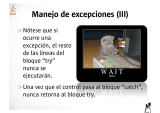 Manejo de excepciones (III)
>! ótese que si
 N
 ocurre una
 excepción, el resto
 de las líneas del
 bloque “try”
 nunca se
 ejecutarán.
>! na vez que el control pasa al bloque “catch”,
 U
 nunca retorna al bloque try.
 