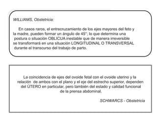 WILLIAMS, Obstetricia:
En casos raros, el entrecruzamiento de los ejes mayores del feto y
la madre, pueden formar un ángulo de 45°; lo que determina una
postura o situación OBLICUA inestable que de manera irreversible
se transformará en una situación LONGITUDINAL O TRANSVERSAL
durante el transcurso del trabajo de parto.
La coincidencia de ejes del ovoide fetal con el ovoide uterino y la
relación de ambos con el plano y el eje del estrecho superior, dependen
del ÚTERO en particular, pero también del estado y calidad funcional
de la prensa abdominal.
SCHWARCS - Obstetricia
 