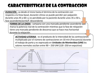 CARACTERISTICAS DE LA CONTRACCION
DURACIÓN.- va desde el inicio hasta el término de la contracción con
respecto a la línea basal, duración clínica se puede percibir por palpación
durante unos 45 a 60 s y es percibida por la paciente durante unos 35 a 50 s,
fase ascendente/acmé/f. descendente
FORMA DE LA ONDA.- campana con una marcada pendiente ascendente que
marca la potencia real de la contracción mientras que la fase de relajación
tiene una marcada pendiente de descenso que se hace mas horizontal
durante la relajación.
ACTIVIDAD UTERINA.- es el producto de la Intensidad de las contracciones
multiplicado por el número de contracciones en 10 min (Frecuencia) durante
el trabajo de parto y es expresada en Unidades de Montevideo (UM) los
valores normales oscilan entre 90 – 250 UM (120 -250 en expulsivo)
 
