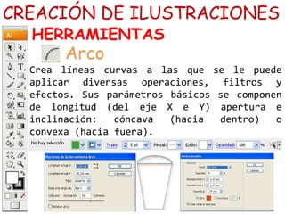 CREACIÓN DE ILUSTRACIONES 
HERRAMIENTAS 
Arco 
Crea líneas curvas a las que se le puede 
aplicar diversas operaciones, filtros y 
efectos. Sus parámetros básicos se componen 
de longitud (del eje X e Y) apertura e 
inclinación: cóncava (hacia dentro) o 
convexa (hacia fuera). 
 