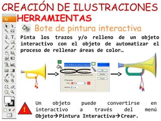 CREACIÓN DE ILUSTRACIONES 
HERRAMIENTAS 
Bote de pintura interactiva 
Pinta los trazos y/o relleno de un objeto 
interactivo con el objeto de automatizar el 
proceso de rellenar áreas de color… 
Un objeto puede convertirse en 
interactivo a través del menú 
ObjetoPintura InteractivaCrear. 
 