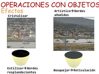 OPERACIONES CON OBJETOS 
Efectos 
EstilizarBordes 
resplandecientes 
ArtísticoBordes 
añadidos 
BosquejarReticulación 
Cristalizar 
 