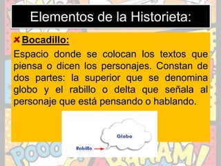 Elementos de la Historieta:
Bocadillo:
Espacio donde se colocan los textos que
piensa o dicen los personajes. Constan de
dos partes: la superior que se denomina
globo y el rabillo o delta que señala al
personaje que está pensando o hablando.
 