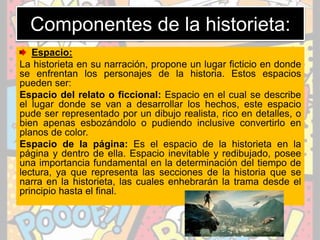 Componentes de la historieta:
Espacio:
La historieta en su narración, propone un lugar ficticio en donde
se enfrentan los personajes de la historia. Estos espacios
pueden ser:
Espacio del relato o ficcional: Espacio en el cual se describe
el lugar donde se van a desarrollar los hechos, este espacio
pude ser representado por un dibujo realista, rico en detalles, o
bien apenas esbozándolo o pudiendo inclusive convertirlo en
planos de color.
Espacio de la página: Es el espacio de la historieta en la
página y dentro de ella. Espacio inevitable y redibujado, posee
una importancia fundamental en la determinación del tiempo de
lectura, ya que representa las secciones de la historia que se
narra en la historieta, las cuales enhebrarán la trama desde el
principio hasta el final.
 