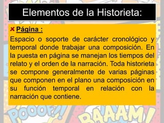 Elementos de la Historieta:
Página :
Espacio o soporte de carácter cronológico y
temporal donde trabajar una composición. En
la puesta en página se manejan los tiempos del
relato y el orden de la narración. Toda historieta
se compone generalmente de varias páginas
que componen en el plano una composición en
su función temporal en relación con la
narración que contiene.
 
