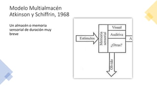 Modelo Multialmacén
Atkinson y Schiffrin, 1968
Un almacén o memoria
sensorial de duración muy
breve
 