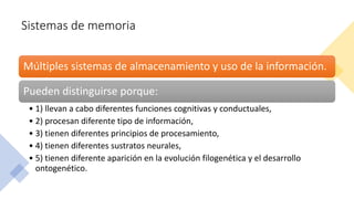 Sistemas de memoria
Múltiples sistemas de almacenamiento y uso de la información.
Pueden distinguirse porque:
• 1) llevan a cabo diferentes funciones cognitivas y conductuales,
• 2) procesan diferente tipo de información,
• 3) tienen diferentes principios de procesamiento,
• 4) tienen diferentes sustratos neurales,
• 5) tienen diferente aparición en la evolución filogenética y el desarrollo
ontogenético.
 