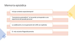 Memoria episódica
Incluye contexto espaciotemporal
“consciencia autonoética”: el recuerdo corresponde a una
experiencia del pasado personal
La codificación y la recuperación de la ME son explícitas
El más reciente filogenéticamente
 