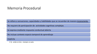 Memoria Procedural
Se refiere a sensaciones, capacidades y habilidades que se recuerdan de manera inconsciente.
No requiere de participación de actividades cognitivas complejas
Se expresa mediante respuesta conductual abierta
No incluye contexto espacio temporal de aprendizaje
Implícita
• Ej: andar en bici, manejar un auto.
 
