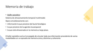 Memoria de trabajo
• Buffer episódico:
Sistema de almacenamiento temporal multimodal.
Opera simultáneamente con:
• información la que proviene del bucle fonológico
• la que proviene de la agenda visuoespacial
• la que está almacenada en la memoria a largo plazo.
El búfer episódico sería el encargado de vincular toda esa información procedente de varias
modalidades en un episodio de memoria único, distintivo y coherente.
 