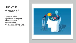 Qué es la
memoria?
Capacidad de los
organismos de adquirir,
retener y utilizar
conocimiento o
información (Tulving, 1987)
 