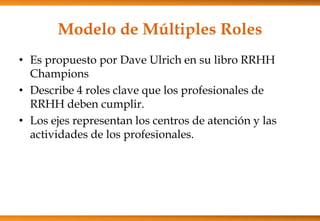 Modelo de Múltiples Roles
• Es propuesto por Dave Ulrich en su libro RRHH
Champions
• Describe 4 roles clave que los profesionales de
RRHH deben cumplir.
• Los ejes representan los centros de atención y las
actividades de los profesionales.

 
