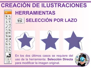 En los dos últimos casos se requiere del
uso de la herramienta: Selección Directa
para modificar la imagen original.
HERRAMIENTAS
SELECCIÓN POR LAZO
CREACIÓN DE ILUSTRACIONES
 