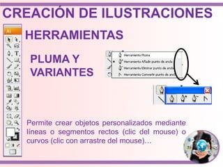 HERRAMIENTAS
PLUMA Y
VARIANTES
Permite crear objetos personalizados mediante
líneas o segmentos rectos (clic del mouse) o
curvos (clic con arrastre del mouse)…
CREACIÓN DE ILUSTRACIONES
 