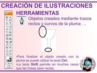 •Para finalizar el objeto creado con la
pluma se puede utilizar la tecla Ctrl.
•La tecla Shift permite en muchos casos
que las líneas sean rectas.
HERRAMIENTAS
Objetos creados mediante trazos
rectos y curvos de la pluma …
CREACIÓN DE ILUSTRACIONES
 