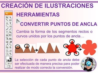 Cambia la forma de los segmentos rectos o
curvos unidos por los puntos de ancla…
La selección de cada punto de ancla debe
ser efectuada de manera precisa para poder
realizar de modo correcto la conversión.
HERRAMIENTAS
CONVERTIR PUNTOS DE ANCLA
CREACIÓN DE ILUSTRACIONES
 