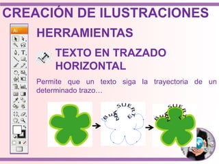 Permite que un texto siga la trayectoria de un
determinado trazo…
HERRAMIENTAS
TEXTO EN TRAZADO
HORIZONTAL
CREACIÓN DE ILUSTRACIONES
 