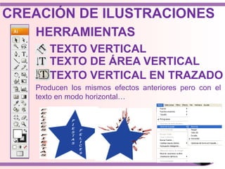 Producen los mismos efectos anteriores pero con el
texto en modo horizontal…
HERRAMIENTAS
TEXTO VERTICAL
TEXTO DE ÁREA VERTICAL
TEXTO VERTICAL EN TRAZADO
CREACIÓN DE ILUSTRACIONES
 