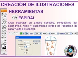 Crea espirales en ambos sentidos, compuestos por
segmentos, radio y decaimiento (grado de reducción de
cada vuelta del espiral)…
HERRAMIENTAS
ESPIRAL
CREACIÓN DE ILUSTRACIONES
 