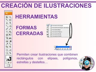 Permiten crear ilustraciones que combinen
rectángulos con elipses, polígonos,
estrellas y destellos…
HERRAMIENTAS
FORMAS
CERRADAS
CREACIÓN DE ILUSTRACIONES
 