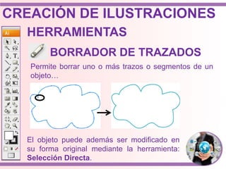 Permite borrar uno o más trazos o segmentos de un
objeto…
HERRAMIENTAS
El objeto puede además ser modificado en
su forma original mediante la herramienta:
Selección Directa.
BORRADOR DE TRAZADOS
CREACIÓN DE ILUSTRACIONES
 