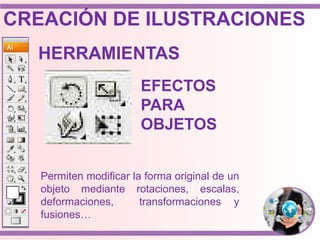 HERRAMIENTAS
EFECTOS
PARA
OBJETOS
Permiten modificar la forma original de un
objeto mediante rotaciones, escalas,
deformaciones, transformaciones y
fusiones…
CREACIÓN DE ILUSTRACIONES
 