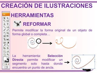 HERRAMIENTAS
Permite modificar la forma original de un objeto de
forma global o completa…
REFORMAR
La herramienta: Selección
Directa permite modificar un
segmento solo hasta donde
encuentra un punto de ancla.
CREACIÓN DE ILUSTRACIONES
 