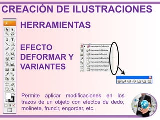 HERRAMIENTAS
EFECTO
DEFORMAR Y
VARIANTES
Permite aplicar modificaciones en los
trazos de un objeto con efectos de dedo,
molinete, fruncir, engordar, etc.
CREACIÓN DE ILUSTRACIONES
 